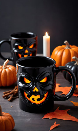 Black Mug With A Halloween Theme. Generative AIの素材