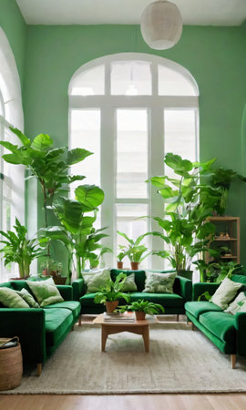 Living Room With Green Houseplants And Sofas. Generative AIの素材