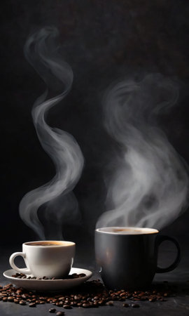 Steaming Cup Of Coffee On A Dark Background. Generative AIの素材