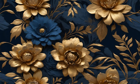 Blue And Gold Painted Flowers, Dark Moody. Generative AIの素材