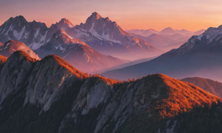 Dreamy Mountains During Sunset. Generative AIの素材