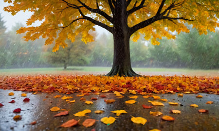 Tree During Autumn With Falling Leaves And Rain. Generative AIの素材