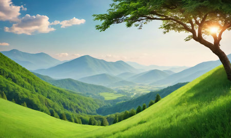 Green Hill Mountain Nature Landscape. Generative AIの素材