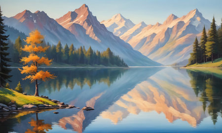 Painting Of Mountains Landscape With A Tree And Lake Reflection. Generative AIの素材
