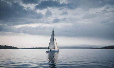 Sailboat In The Middle Of Water. Generative AIの素材