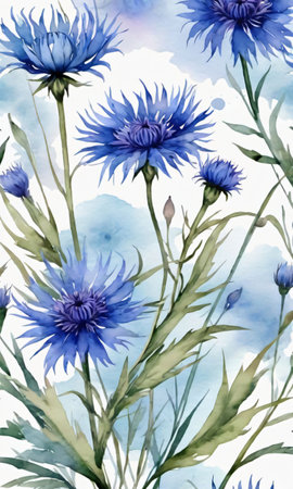 Watercolor Blue Floral Cornflower, Hand Painted Wildflowers Isolated. Generative AIの素材