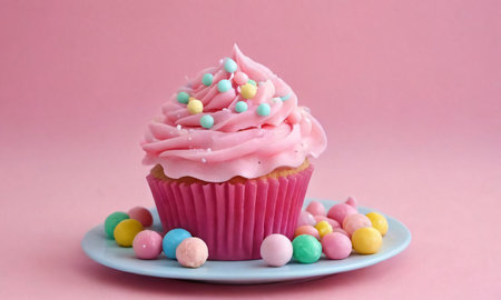 Pink Frosted Cupcake With Candies. Generative AIの素材