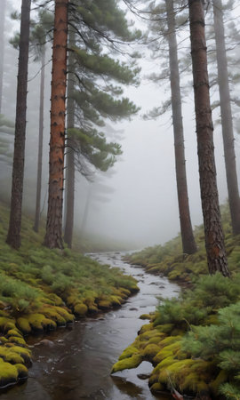 Stream Running Through A Foggy Pine Forest. Generative AIの素材
