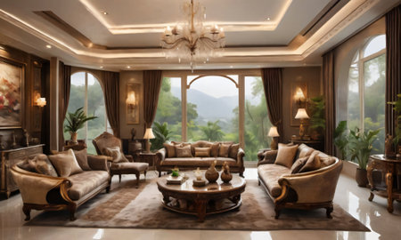 A Luxurious Living Room Featuring Opulent Decor And Grandeur, With The Weather Condition Adding A Touch Of Mystique To The Ambiance. Generative AIの素材
