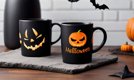 Black Mug With A Halloween Theme. Generative AIの素材
