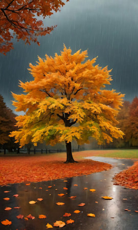 Tree During Autumn With Falling Leaves And Rain. Generative AIの素材