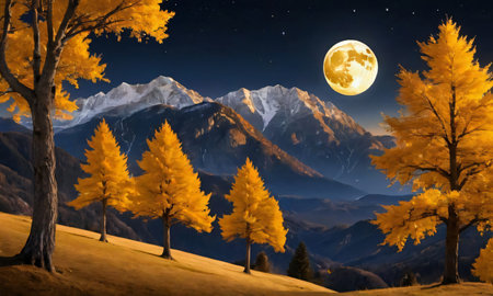 Golden Moon Over Mountains And Golden Trees At Night. Generative AIの素材