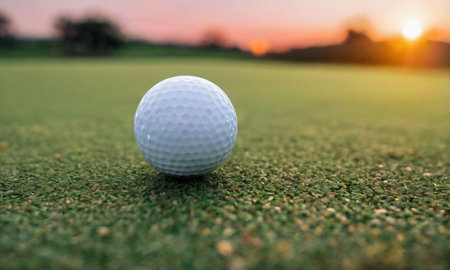 Closeup Of A Golf Ball On A Green Field At Sunset. Generative AIの素材