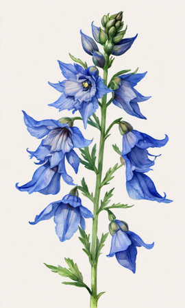 Watercolor Hand Drawing Of A Blue Delphinium Flower Isolated. Generative AIの素材