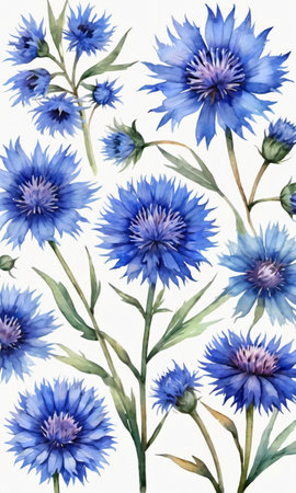 Watercolor Blue Cornflower Set, Hand Painted And Isolated. Generative AIの素材