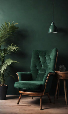 Dark Green Home Interior With An Old Retro Armchair. Generative AIの素材