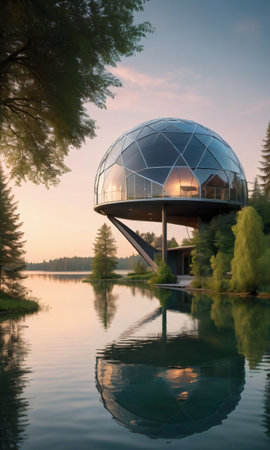 Futuristic Dome House Near A Tranquil Lake. Evening Light. Generative AIの素材