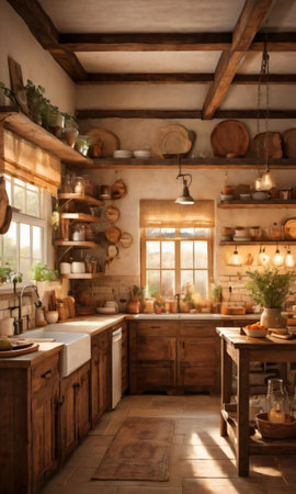 A Rustic Kitchen Featuring Wooden Elements And Vintage Decor, Enhanced By The Warm Glow Of The Evening Light. Generative AIの素材