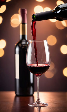 Red Wine Glass And Bottle With Bokeh Lights. Generative AIの素材