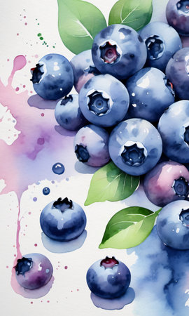 Blueberry, Watercolor Background. Generative AIの素材