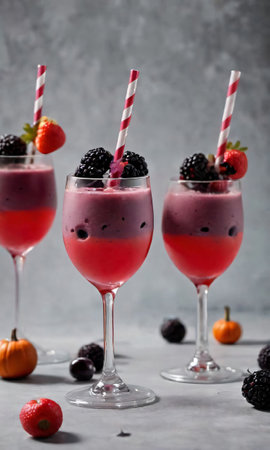 Berry Cocktails In Glass Glasses With Straws For Halloween. Generative AIの素材