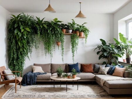 Photo Of Living Room With A Wall Of Cascading Plants. Generative AIの素材