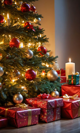 Christmas Presents Stacked Under A Tree, The Wrapping Paper Glistening In The Candlelight. Generative AIの素材
