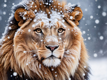 Photo Of Lion With Snowflakes On Its Nose. Generative AIの素材