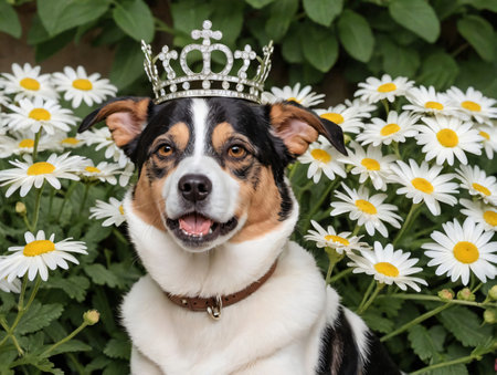 Photo Of Dog With A Crown Of Daisies. Generative AIの素材