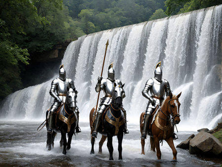 Photo Of Knights With A Backdrop Of Cascading Water. Generative AIの素材