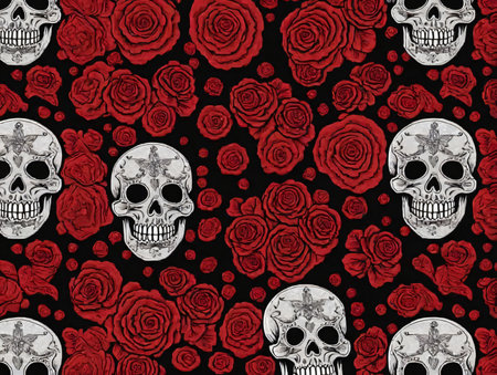 Red Skull Pattern For Day Of The Dead And Halloween. Generative AIの素材