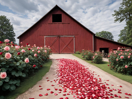 Photo Of Barn With A Trail Of Rose Petals. Generative AIの素材