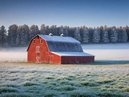 Photo Of Barn Covered In Morning Frost. Generative AIの素材