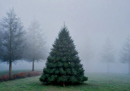 A Christmas Tree In A Misty, Early Morning Setting. Generative AIの素材