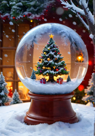 A Christmas Tree In A Snowy Globe, With A Magical Background. Generative AIの素材
