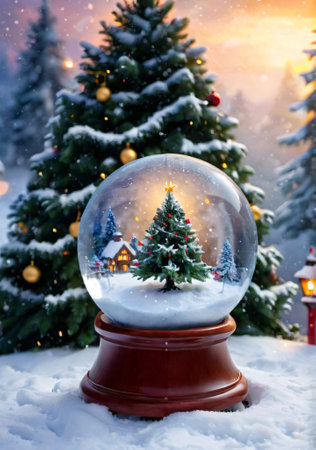 A Christmas Tree In A Snowy Globe, With A Magical Background. Generative AIの素材