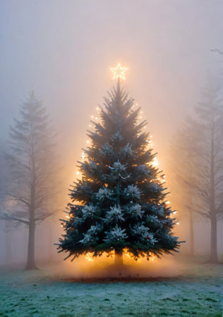 A Christmas Tree In A Misty, Early Morning Setting. Generative AIの素材