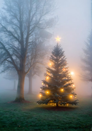 A Christmas Tree In A Misty, Early Morning Setting. Generative AIの素材