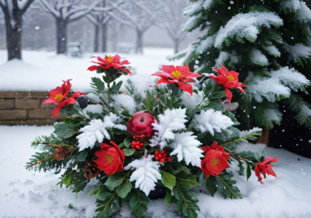 A Christmas Floral Arrangement In A Snow-Covered Garden, At Noon. Generative AIの素材