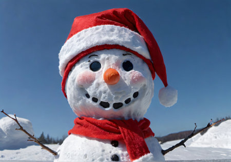 A Snowman Wearing A Santa Hat, With A High Camera Angle. Generative AIの素材