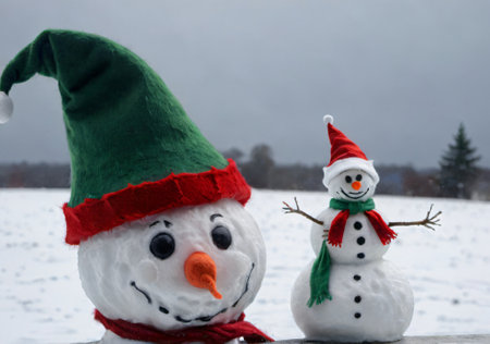 A Christmas Elf Hat On A Snowman, With An Overcast Sky. Generative AIの素材