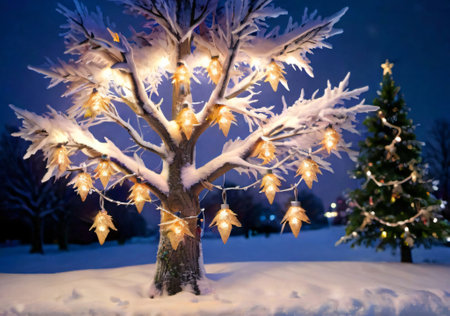 A Christmas Fairy Lights Display On A Snowy Tree, At Night. Generative AIの素材