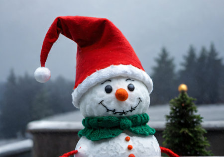 A Christmas Elf Hat On A Snowman, With An Overcast Sky. Generative AIの素材