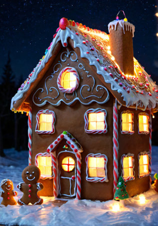 A Gingerbread House Under Starry Night Lighting. Generative AIの素材