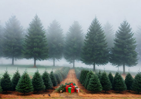 A Christmas Tree Farm In The Early Morning Fog. Generative AIの素材