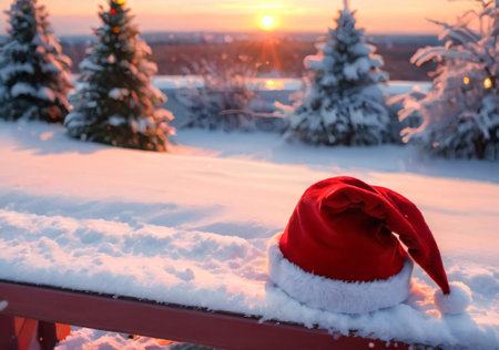 A Christmas Hat On A Snow-Covered Bench, At Sunset. Generative AIの素材