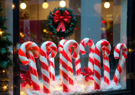 A Christmas Candy Cane Display In A Shop Window, With Soft Lighting. Generative AIの素材