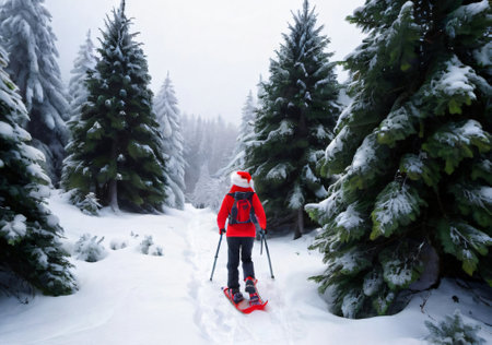 A Christmas Themed Snowshoe Adventure, In A Forest Setting. Generative AIの素材