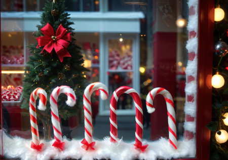 A Christmas Candy Cane Display In A Shop Window, With Soft Lighting. Generative AIの素材