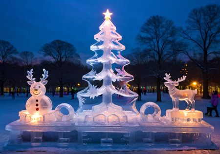 Christmas-Themed Ice Sculptures In A Park, During Twilight. Generative AIの素材